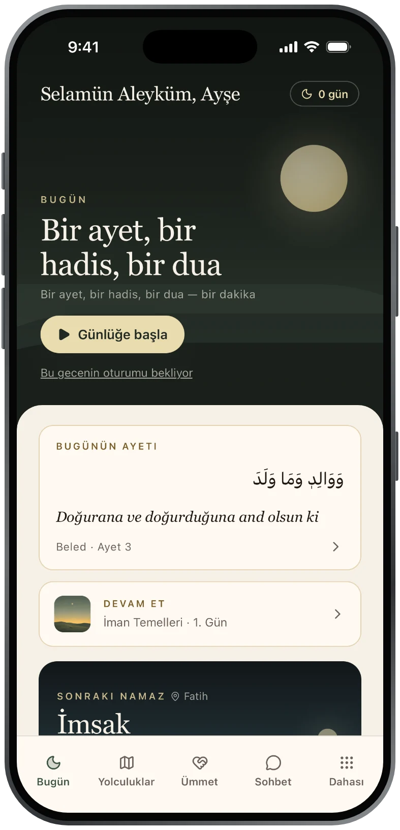Bugün ekranı: günün ayeti, hadisi ve duası